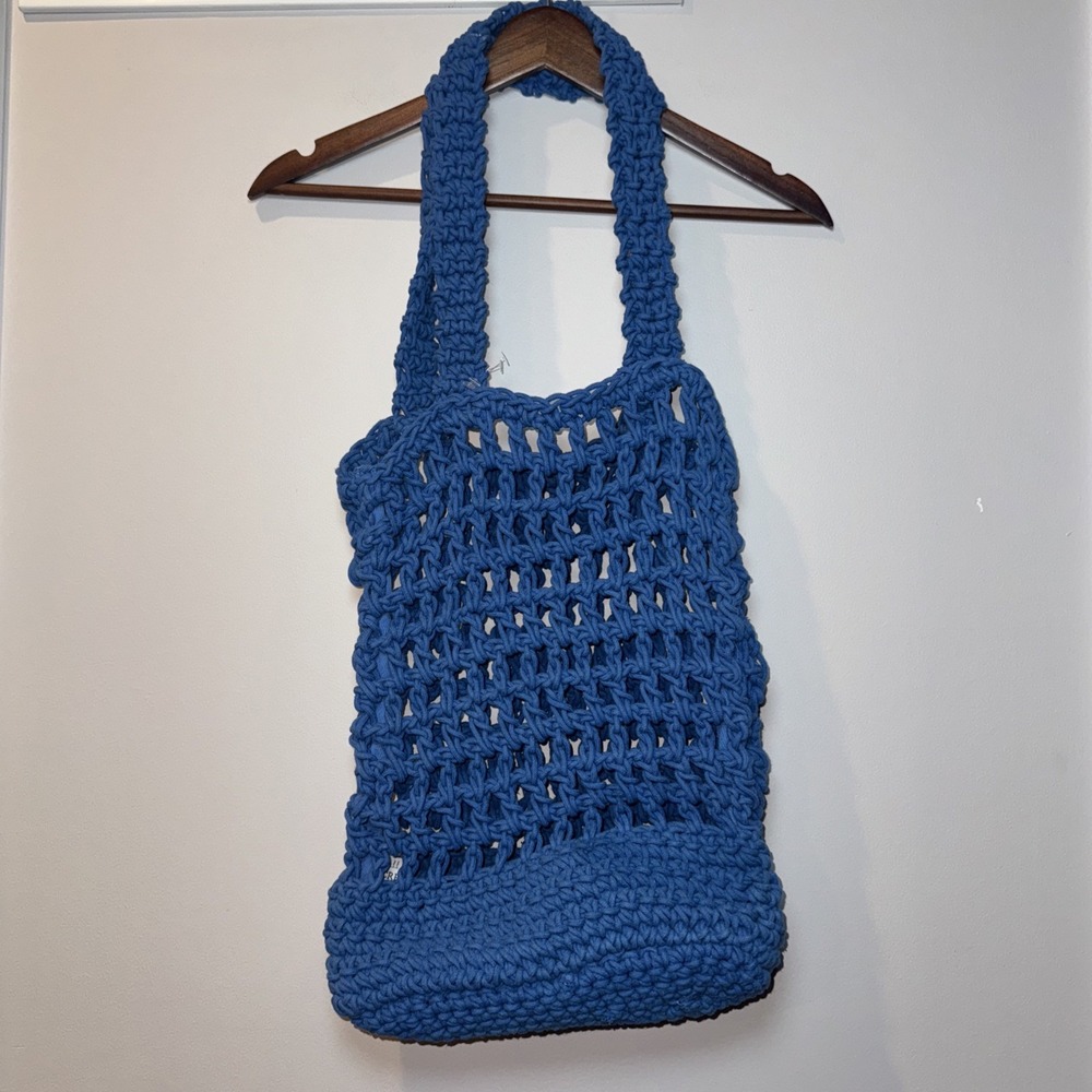 J.Crew Blue Crochet Tote Bag Thick Knit Medium 12x15x4 Drop 12" Chunky NWOT Boho